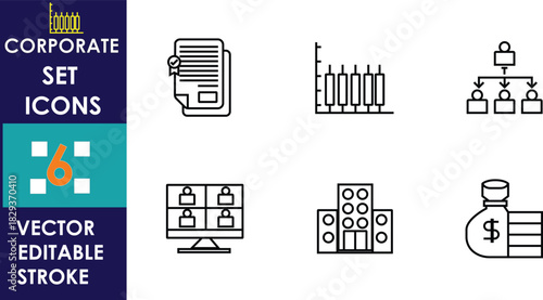 A clean corporate vector icon set featuring documents, bar charts, organizational hierarchy, video meetings, office buildings, and financial growth symbols, all illustrated in simple, editable line 