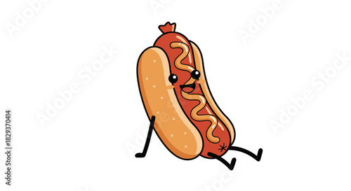 A whimsical, cartoon hotdog character relaxing against a white backdrop radiating cheerfulness and