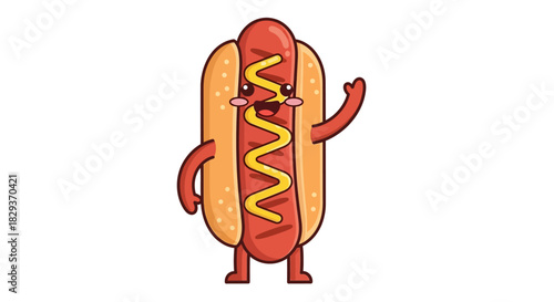 Cheerful cartoon hotdog character with mustard waving hello on a white background
