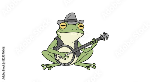 Cartoon frog musician playing banjo, wearing a hat, perfect for children's illustrations
