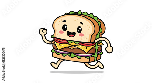 Cheerful cartoon sandwich character joyfully running in a playful illustration style
