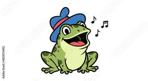 Delightful amphibian serenading with musical notes wearing a charming blue hat with red ribbon