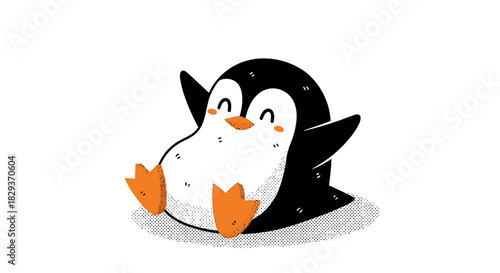 Cheerful penguin cartoon character sitting with open wings for kids books or graphic design project