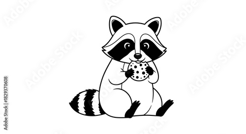 A whimsical raccoon illustration enjoying a tasty cookie against a stark white background