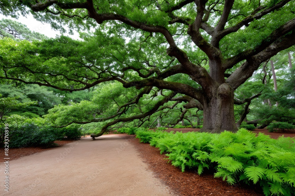 Fototapeta premium Ancient oak tree extending branches over garden path