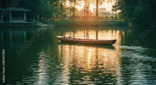 A wooden boat floats on a still lake reflecting the golden light of the setting sun