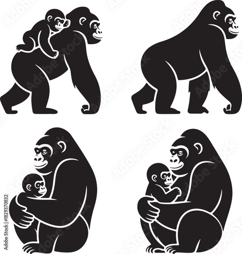 Gorilla family and baby gorillas in different poses vector illustration