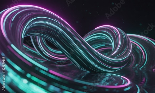 Abstract 3D looping structure with glowing teal and magenta neon stripes against black