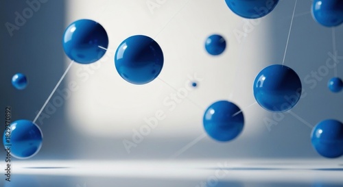 Abstract 3D rendering of blue spheres connected by thin lines, soft light and shadow
