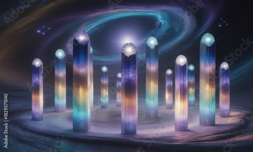 Abstract art depicts towering, gem-topped structures amidst a swirling, cosmic scene