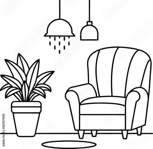 Cozy Armchair and Potted Plant Line Art