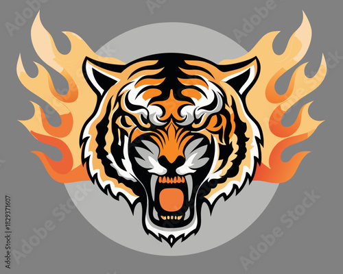 Fierce tiger head with flames illustration
