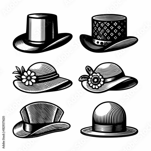 Collection of vintage hats in black and white engraving style