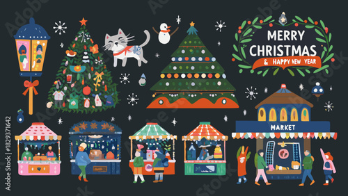 Charming christmas market scene with festive decorations and people