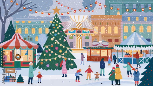 Charming christmas market scene with festive decorations and people