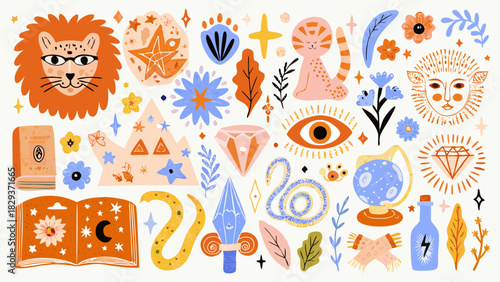 Whimsical celestial and mystical elements collection with animals and symbols