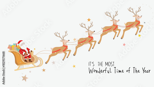 Santa claus flying in his sleigh pulled by reindeer with gifts and the text its the most wonderful time of the year