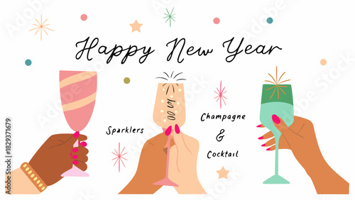 Happy new year celebration with champagne and sparklers