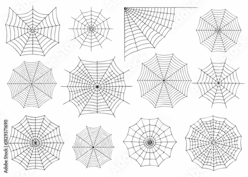 Collection of hand drawn spider web illustrations on white background
