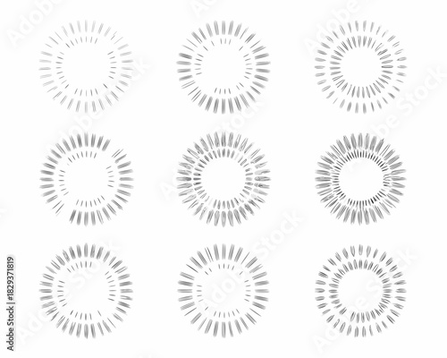 Collection of nine hand drawn radial burst elements and sunburst designs