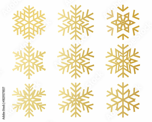Collection of nine golden snowflakes isolated on white background