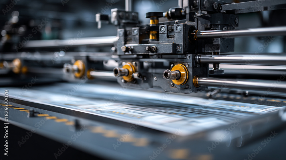 Fototapeta premium Close up view of industrial printing machinery with metal rollers and precise mechanisms