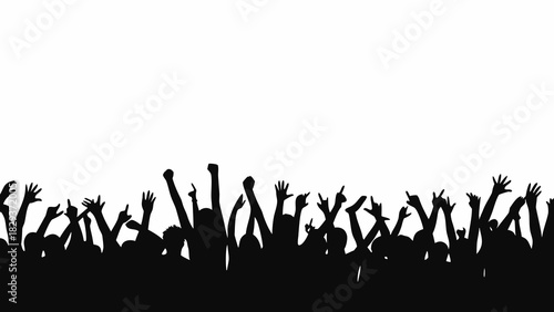 Silhouette of a cheering crowd with hands raised against a white background