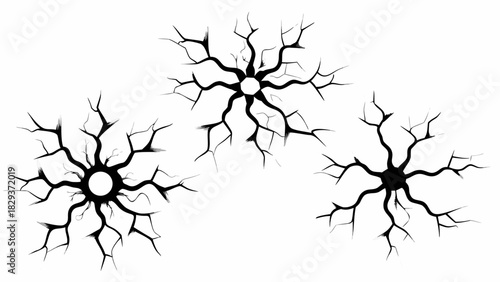 Three abstract black cracked shapes on a white background