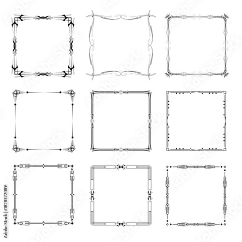 Set Black Simple Line Frame Collection Doodle Square Floral Frame Elements Vector Design Style Sketch Isolated Illustration For Banner