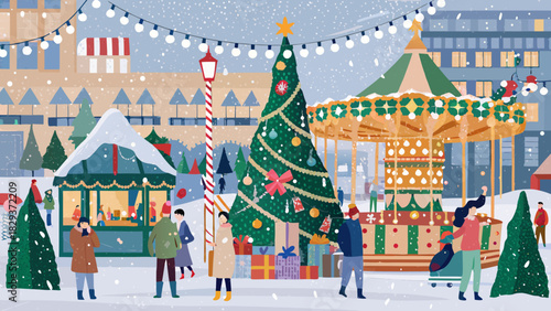 Festive christmas market scene with carousel and decorated tree in falling snow