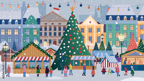 Charming winter village christmas market scene with snowing weather