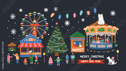 Whimsical christmas market scene with ferris wheel and carousel