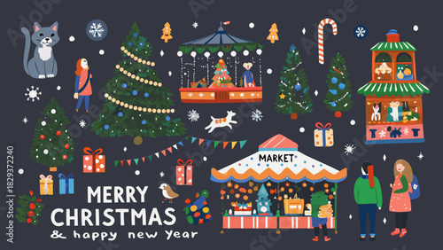Whimsical christmas market scene with festive decorations and characters