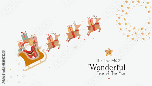 Santa claus and reindeer flying with gifts and christmas decorations