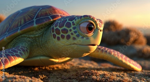 Animated sea turtle close-up on sandy shore with sunset light