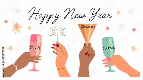 Happy new year celebration with champagne and cocktails