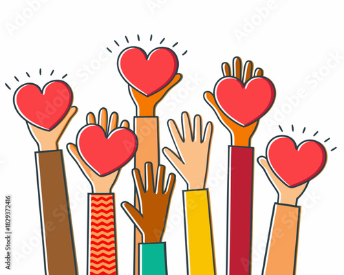 Diverse hands holding red hearts symbolizing love and unity