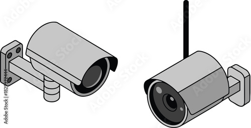 Isometric CCTV security cameras illustration, wired and wireless surveillance devices, modern monitoring equipment graphic, digital safety system design for protection