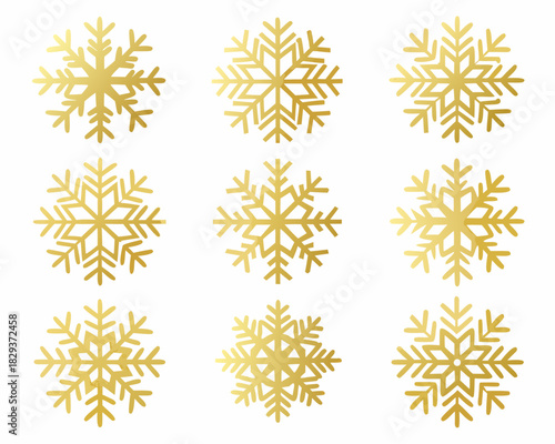 Collection of nine golden snowflakes on a white background