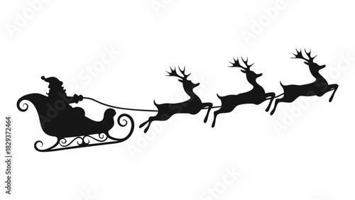Santa claus silhouette riding sleigh pulled by reindeer on white background
