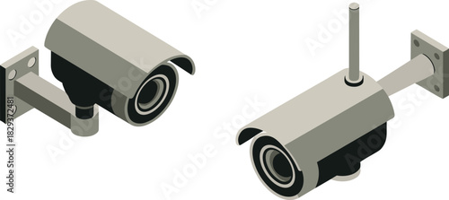 Isometric CCTV security cameras illustration, wired and wireless surveillance devices, modern monitoring equipment graphic, digital safety system design for protection
