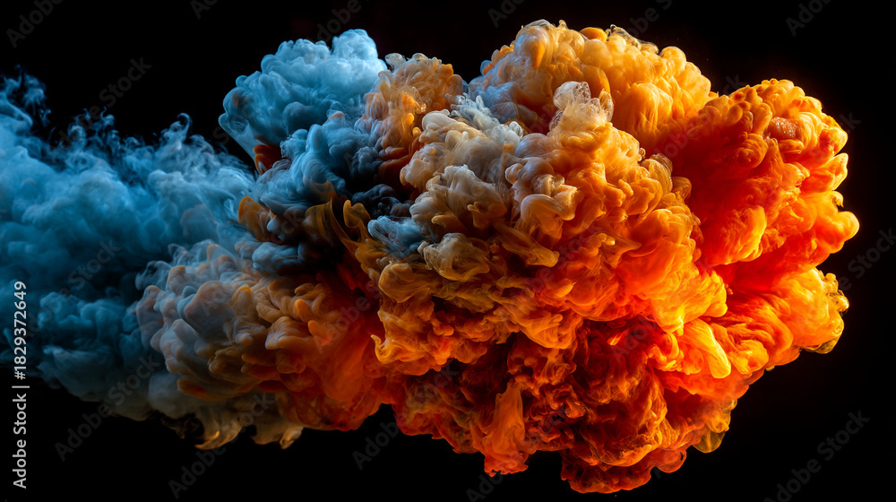 Obraz premium Abstract cloud formation with vibrant blue and orange hues against a black backdrop