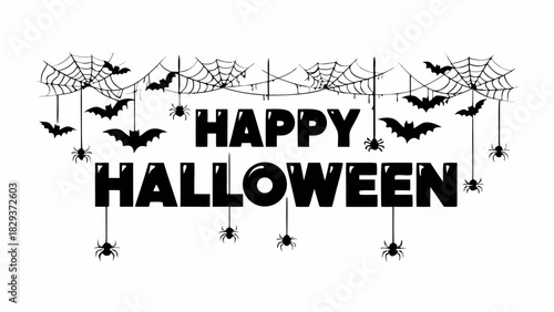 Happy halloween text with hanging bats spiders and spiderwebs