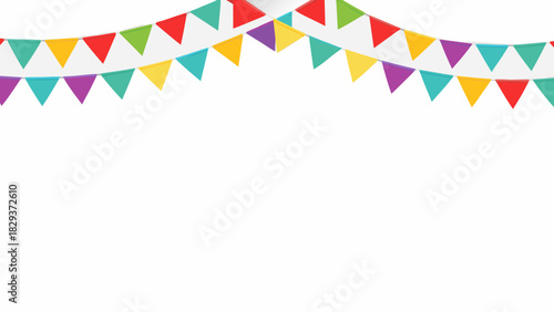Colorful bunting flags hanging on a white background
