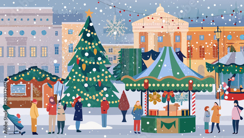 Cozy winter christmas market scene with festive decorations and snowfall