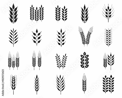 Collection of wheat ear icons and grain stalk silhouettes
