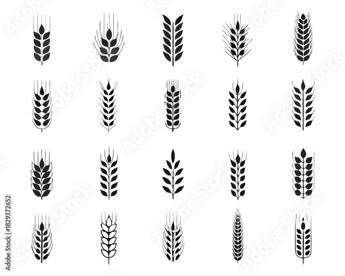 Collection of various wheat ear icons in black on a white background
