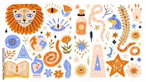 Whimsical mystical elements collection with lion snake and celestial symbols