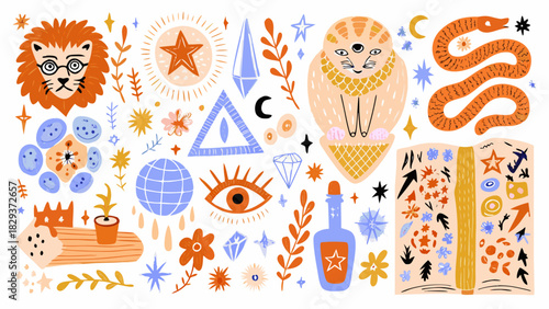 Whimsical collection of mystical and celestial elements with a playful artistic style