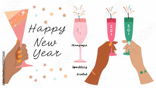 Happy new year celebration with champagne and sparklers